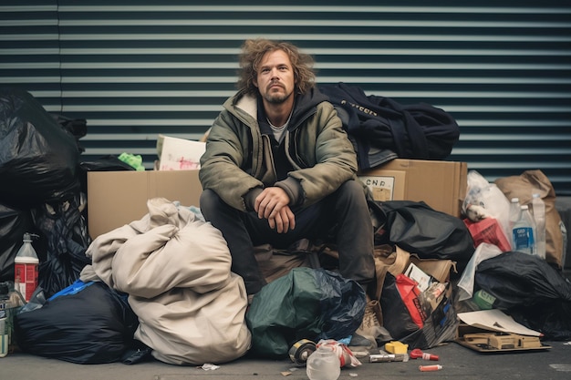 Photo sad homeless person sitting on a city sidewalk surrounded by scattered belongings generative ai