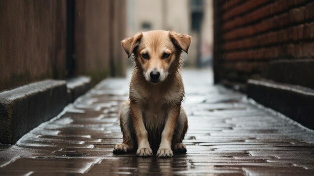 Sad homeless wet dog sitting on the street during the rain