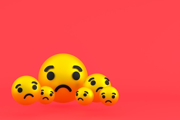 Sad icon Facebook reactions emoji 3d render,social media balloon symbol on red background