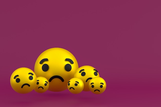 Icona triste reazioni facebook rendering emoji, simbolo di palloncino social media su sfondo rosso