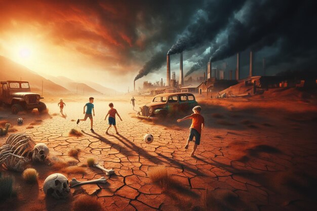 Печальная дистопическая сцена, ржавый автостоянка, кости животных, курящие фабрики, загрязняющие апокалиптическую сцену.