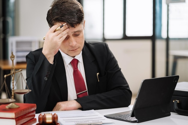 sad lawyer is sitting at table covering his face on desk is laptop tablet computer stress team lawyer meeting working hard about legal legislation