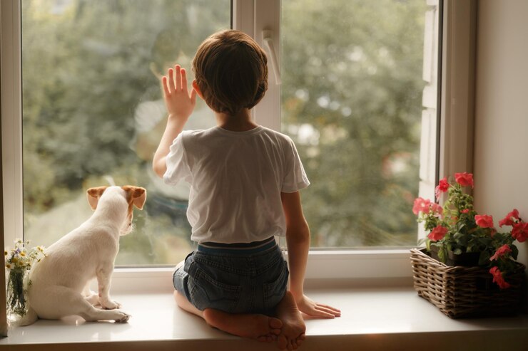 Sad little boy and dogs look out the window during the coronavirus outbreak