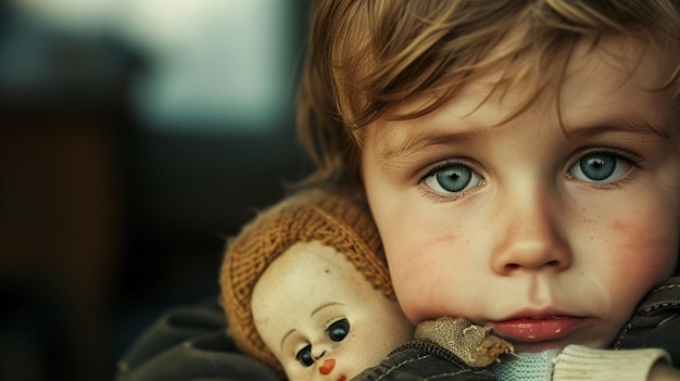 sad little boy hugging a doll