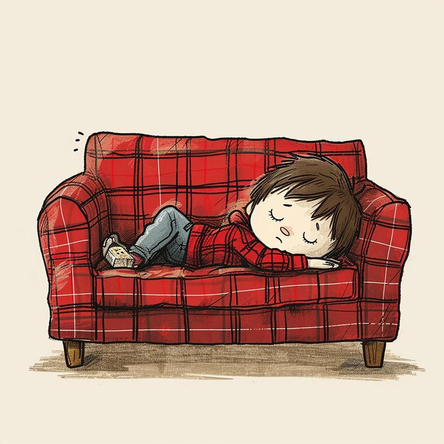 Photo a sad little boy lying in a red plaid sofa