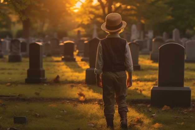 Sad little child boy in hat standing on cemetery at sunset Generative AI