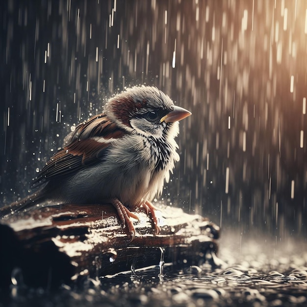 Sad Little Sparrow Getting Wet in the Rain Macro Shot Dramatic Scene Ink Art