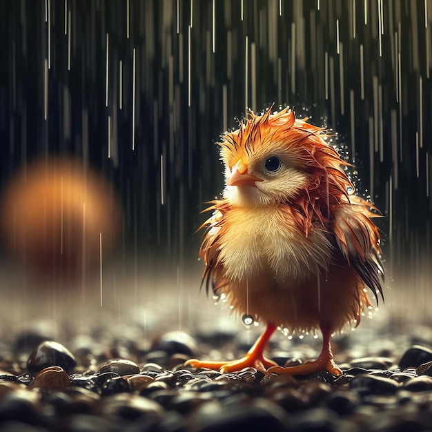 Sad Little Thin Chick Getting Wet in the Rain Macro Shot Dramatic Scene Ink Art