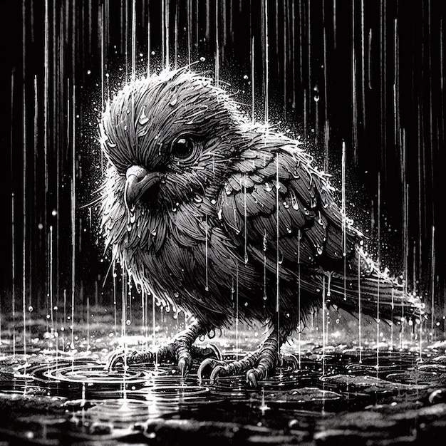 Sad Little Thin Pigeon Getting Wet in the Rain Macro Shot Dramatic Scene Ink Art