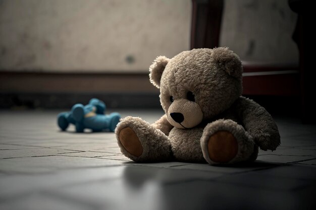 Sad lonely teddy bear lying on the floor symbol of abuse victims