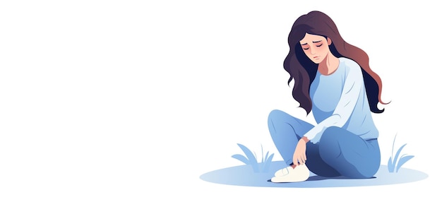 Sad lonely woman character sitting on the floor Flat banner with copy space Depression stress mental health issues