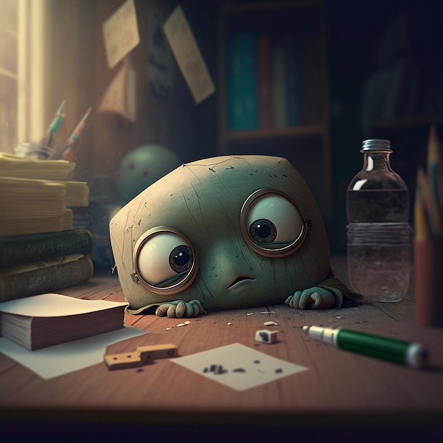 A sad looking cartoon character sits on a desk with a pencil and a book.