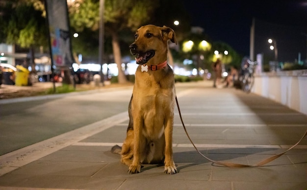 A sad lost dog is waiting for his owner sitting on the sidewalk\
late at night