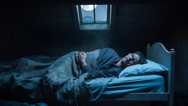 暗室のベッドに横たわる悲しい男