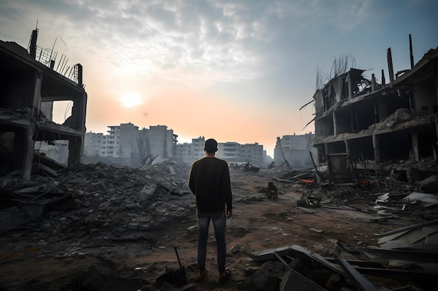 Sad man in a destroyed city during war