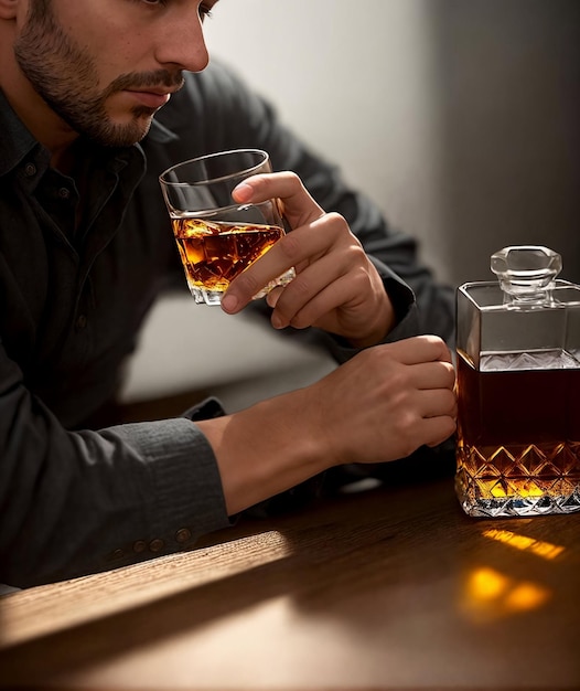 Фото Грустный человек пьет алкоголь сидит один с виски