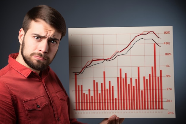 Sad man holds declining chart symbolizing beginning of crisis and financial recession affecting income. Upset guy with red down arrow reports decrease in number of clients or decrease in wages.