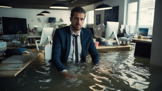 A sad man sits in a flooded office Water around