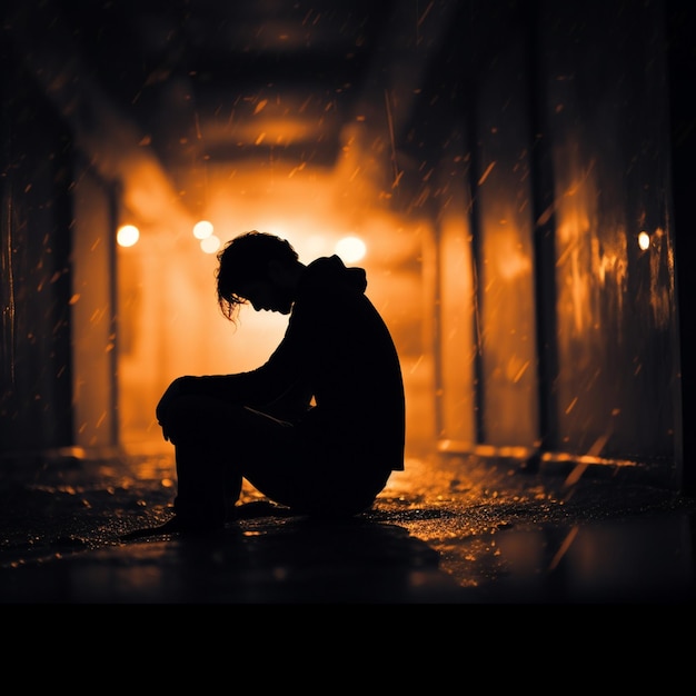 Sad man sitting alone in the rain at night Mental health concept