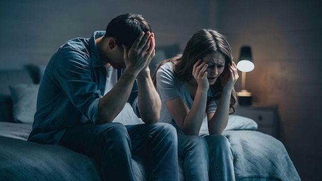 Sad man sitting on bed with his girlfriend