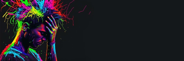 Sad man sketch effect with neon colors Headache depression negative emotions concept Problems with mental health Sadness Banner with copy space black background Generative AI