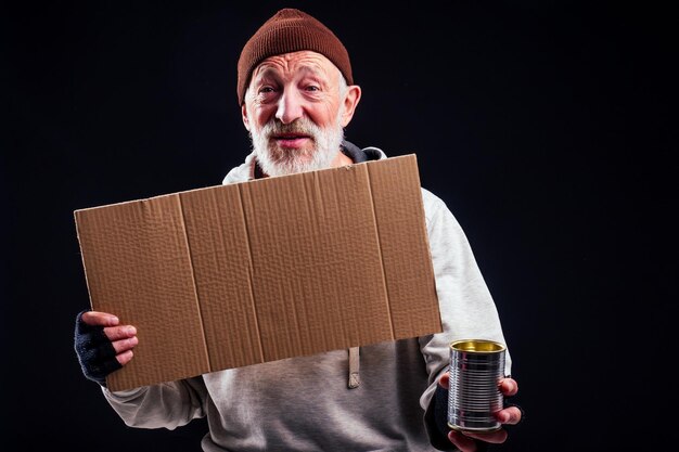 Sad man with grey beard wearing leaky gloves and warm brown hat holding cardboard copyspase in studio black background