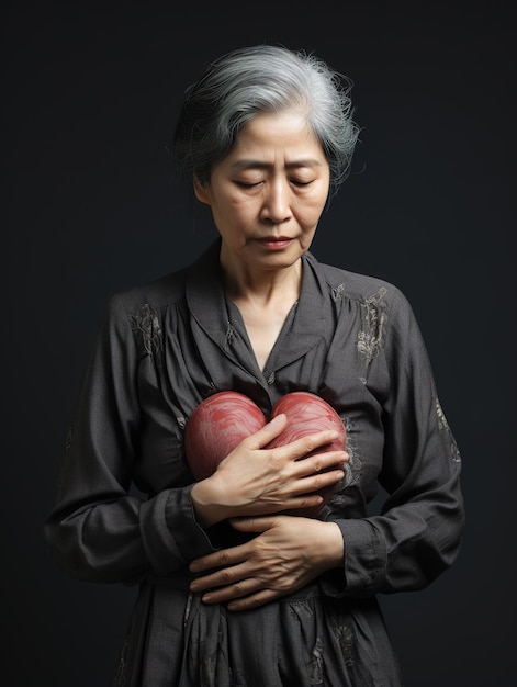 Sad middleaged woman from asia hands over her chest painful unhappy expression