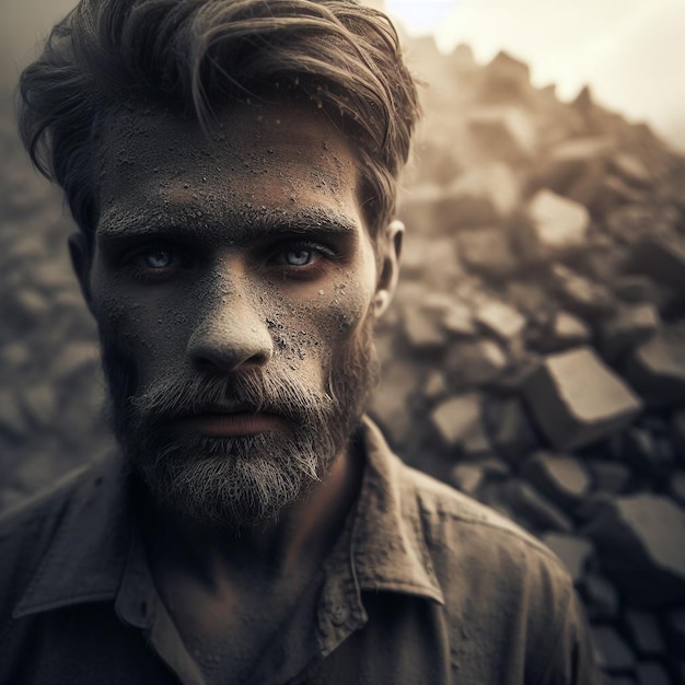 Sad person with a muddy face who survived after the earthquake