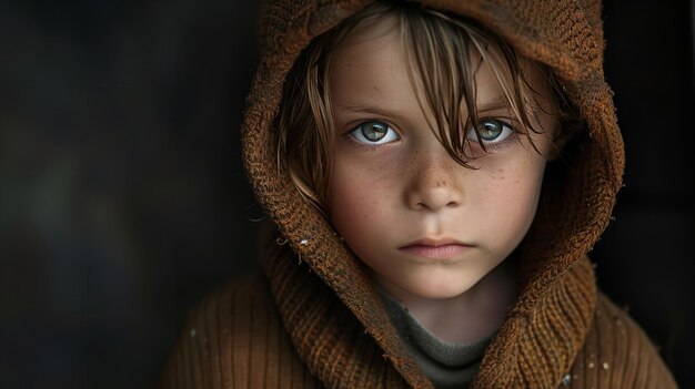 저소득층 가정의 노숙자 소년의 슬픈 사진 Generative Ai