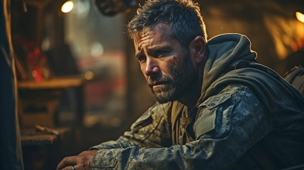 Photo sad ptsd and a male soldier receiving therapy for mental illness bereavement or depression following a combat deployment irritated