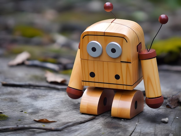 Photo a sad robot made of wood