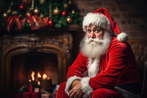 Sad Santa Claus sitting on the background of a Christmas tree