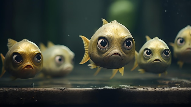 Sad scared little fish in group of others AI generative