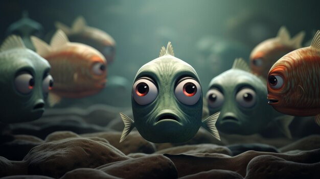 Sad scared little fish in group of others AI generative