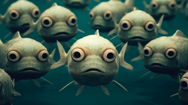 Sad scared little fish in group of others Generative AI