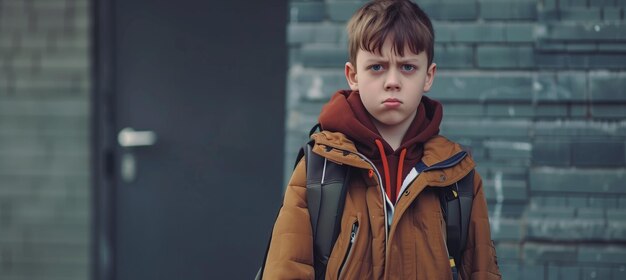 Foto ragazzo scolastico triste che viene intimidito e angosciato a scuola che affronta emozioni negative