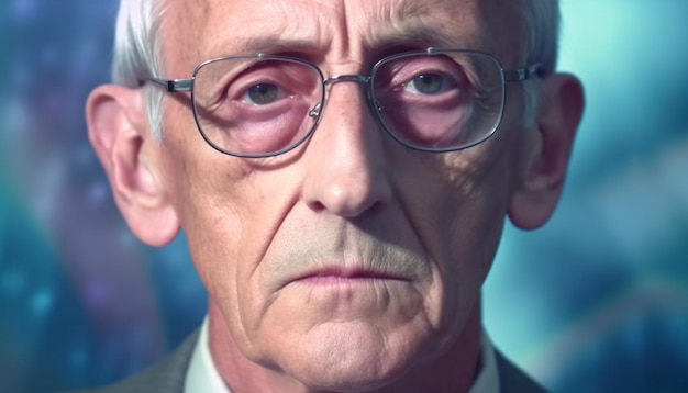 Sad senior businessman with wrinkles shows emotional stress indoors generated by AI