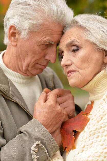 Sad senior couple huging and posing in autumn park