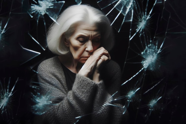 sad senior woman against the background of broken glass Suffering sadness and mental problems concept