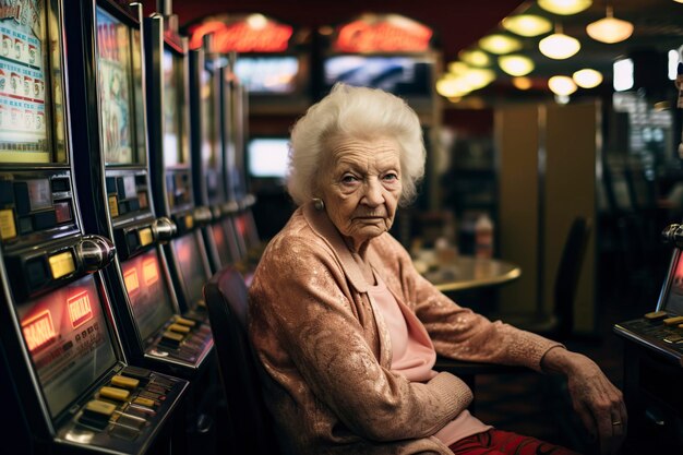 Photo sad and serious women posing on a slot machine