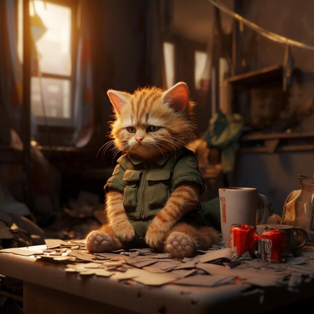 Sad sick cat at war zone 3d