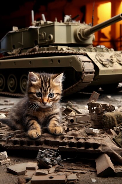 Sad sick cat at war zone 3d