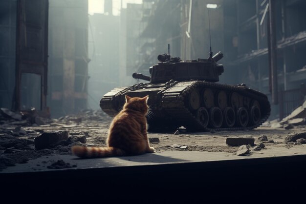 Sad sick cat at war zone 3d