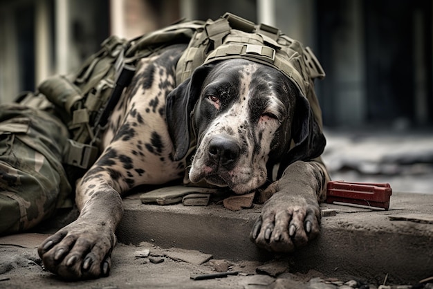 Photo sad sick dog at war zone