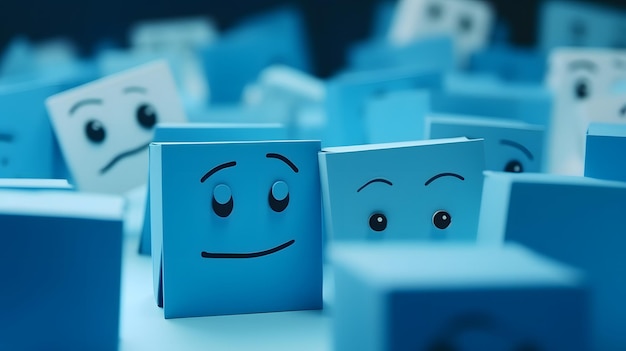 Sad smiles and office stuff background blue color blue monday