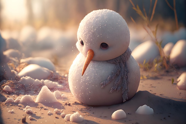 Sad snowman melts in park with arrival of spring Snowman in the rays of warm spring sun Grass under snow 3d illustration