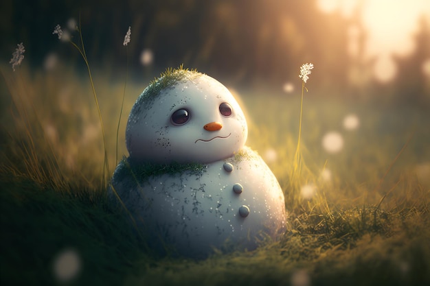 Sad snowman melts in park with arrival of spring Snowman in the rays of warm spring sun Grass under snow