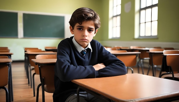 a sad student boy is sitting on a classroom bullyng concept