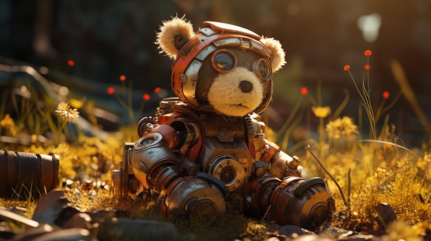 Photo sad teddy bear abandoned in future 3d illustration