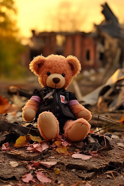 Фото Печальный плюшевый медведь в зоне войны